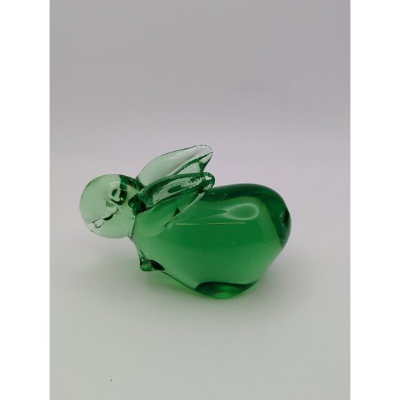 Emerald Green Art Glass Bunny Paperweight Figurine Bubbles Polish Bottom 4” - Picture 3 of 8